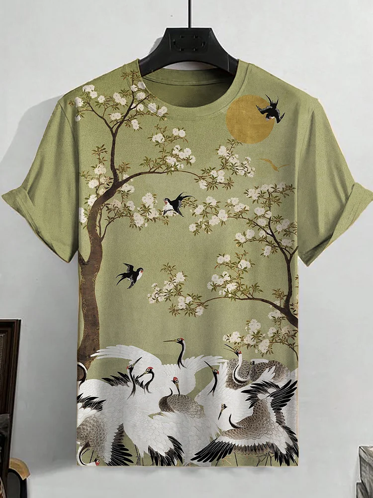 Men's Plum Blossom And Cranes Swallow Art Print T-Shirt