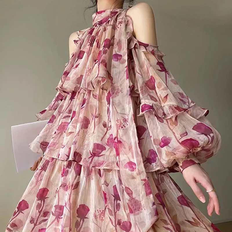Abebey Pink Floral Print Neckline Bow Tie Mini Dress