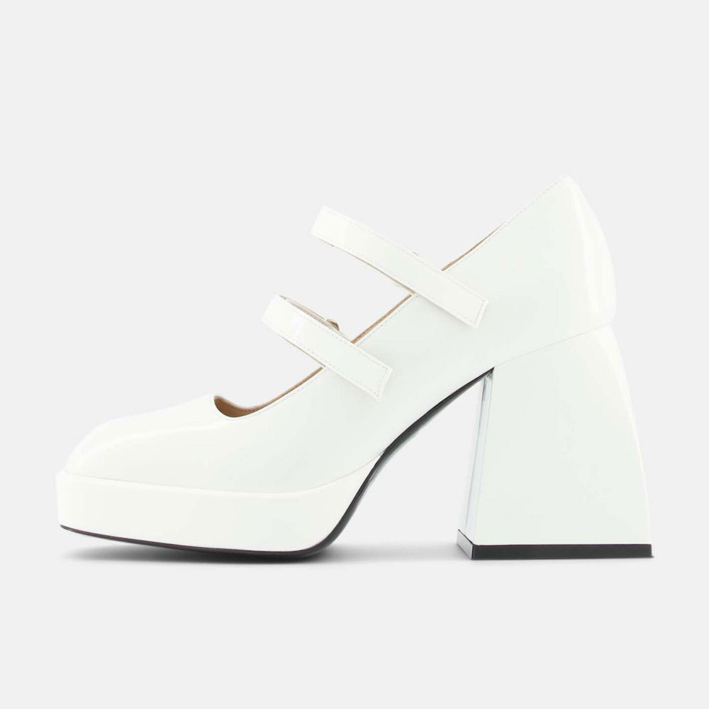 White Patent Buckle Straps Square Toe Block Heel Platform Mary Janes Nicepairs