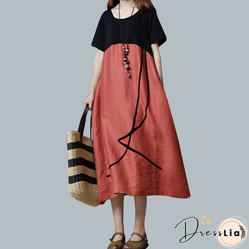 Boho Vintage Women Pullover Loose Patchwork Maxi Long Dress Casual Baggy Vestidos Robes