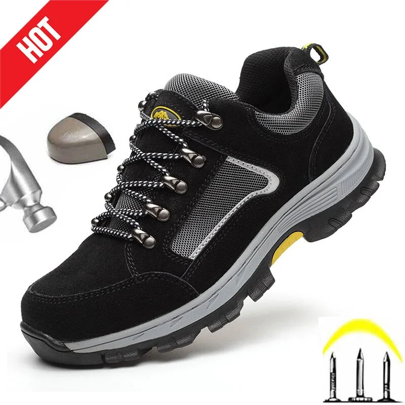 Men Safety Work Boots Breathable Light Sport Shoe Suede Leather Upper Footwear With Steel Toe Puncture-Proof Indestructible Shoe