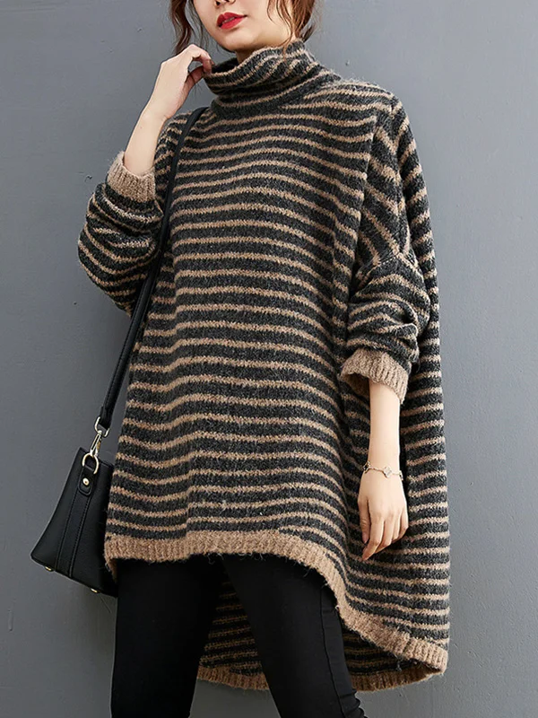 Plus Size Women's Loose Striped Long Sleeve Sweater - yankia