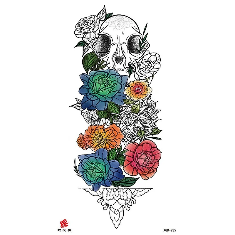 Sdrawing Temporary Tattoo Sticker Flash Tattoos Skull Snake Wolf Blue Pink Rose Flowers Body Art Arm Fake Sleeve Tatoo Women