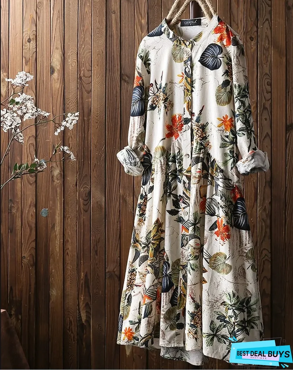 Fashion Flower Print Round Neck Long Sleeve Casual Maxi Dress