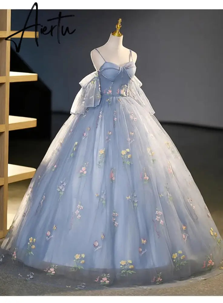 Aiertu 2024 Lace Prom Dresses Spaghetti Strap Princess Blue Detechable Short Puff Sleeves be de bal Formal Evening Party Gown For Women Aiertu