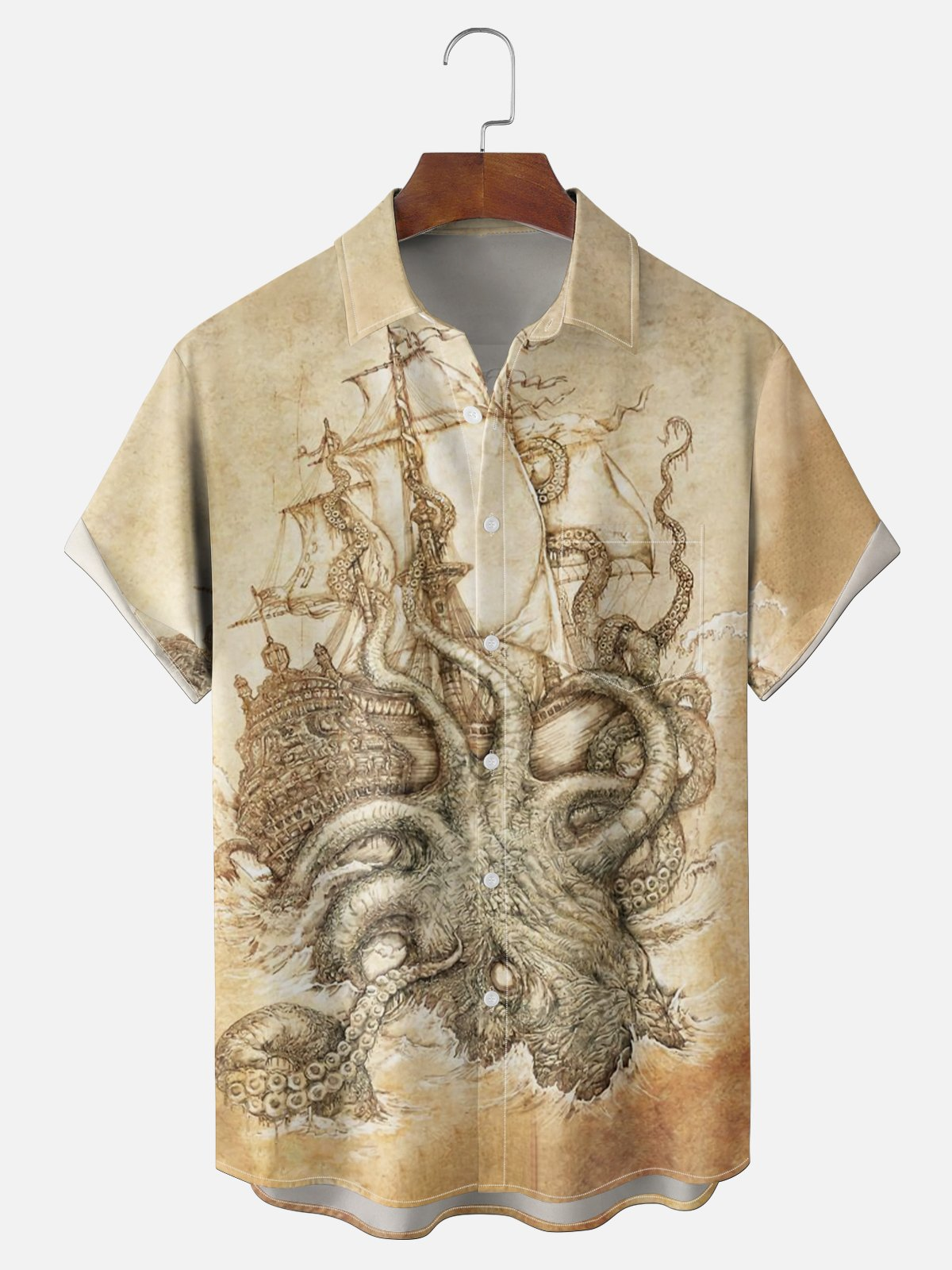 Moisture Wicking Vintage Pirate Ship Octopus Chest Pocket Holiday Hawaiian Shirt PLUSCLOTHESMAN