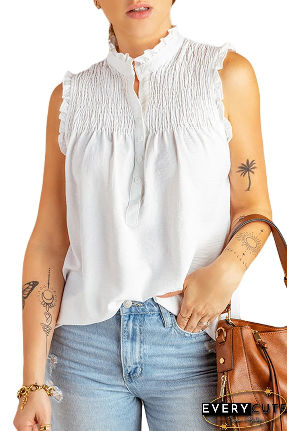 White Frilled Tank Top with Buttons