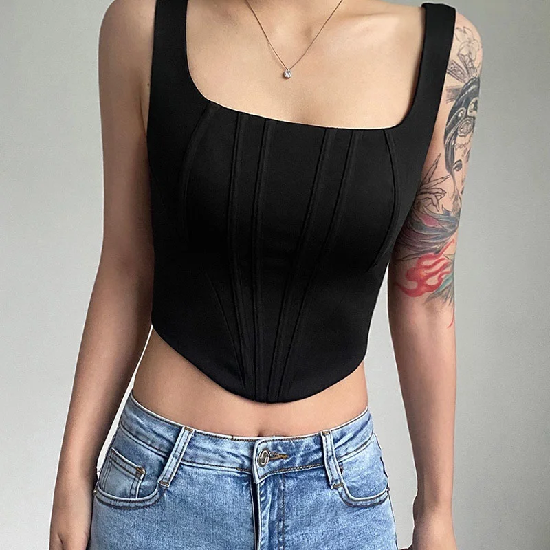 Cartoonh Summer Crop Tops Sexy Square Neck Tight Backless Short Top Sleeveless Tank Tops Women Casual Solid Color Basic Camisole