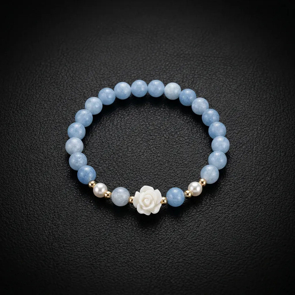 JiStones Ethereal Aquamarine & Camellia Blossom Bracelet - Handcrafted Light Luxury Accessory