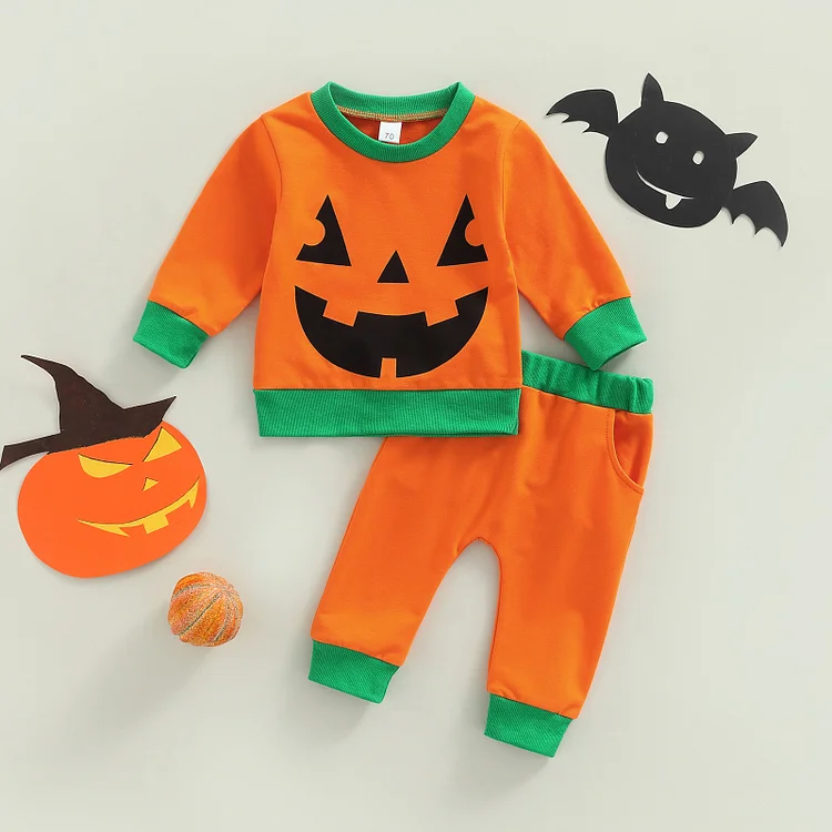 2pcs Baby Boy Hallowen Pumpkin Print Long Sleeve Tops with Pants Set