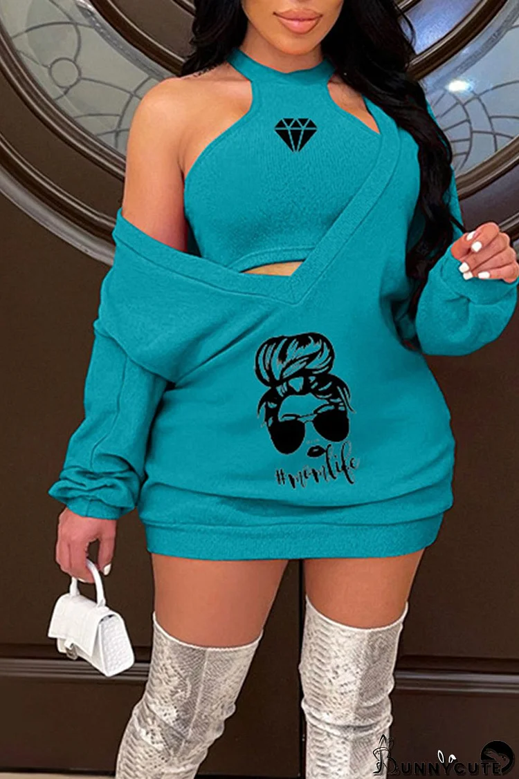 Lake Green Casual Print Split Joint V Neck Long Sleeve Two Pieces