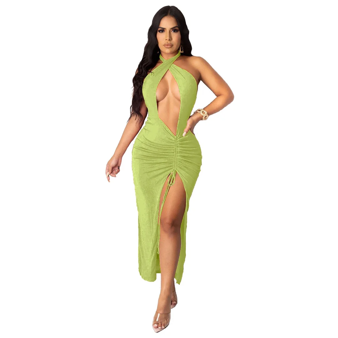 CM.YAYA Women Dress Solid Halter Hollow Out Shirring Splited Bandage Long Maxi Dresses Sexy Night Club Party Vestidos Summer