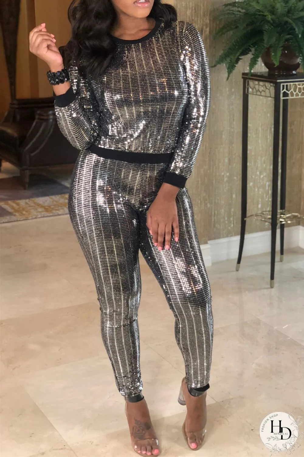 Brown Fashion Casual Patchwork Sequins O Neck Long Sleeve Two Pieces