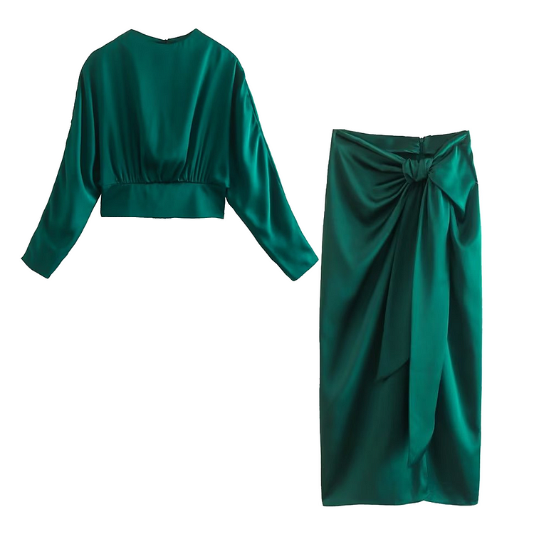 Flaxmaker Backless Shirt Bowknot Decor Solid Color Two Piece Skirt Set