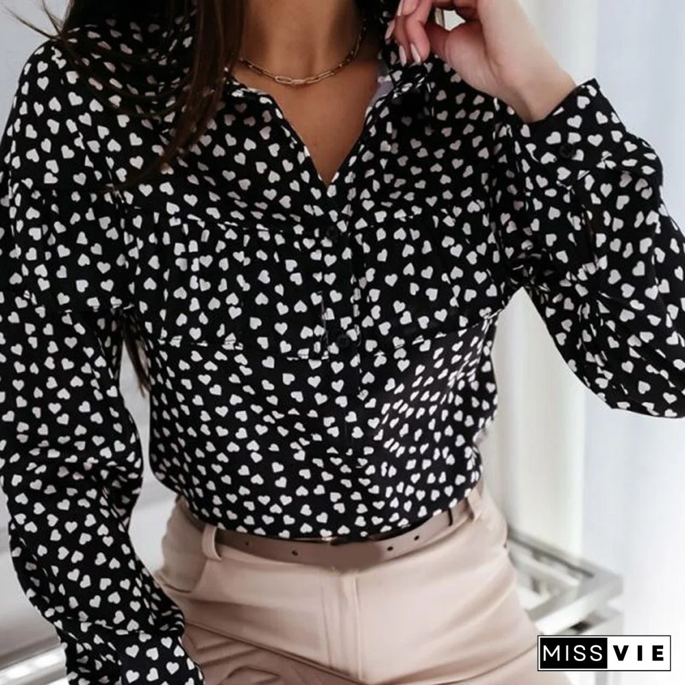 Women Autumn Long Sleeve V-Neck Pullover Tops Polka Dot Ruffle Blouse Shirts