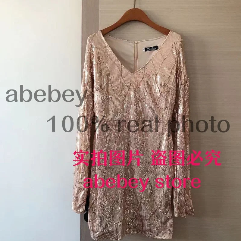 2023 New Spring Autumn Women Vintage V-neck split flare sleeve Dress Sequin decoration high waist pleated short wrap Dress