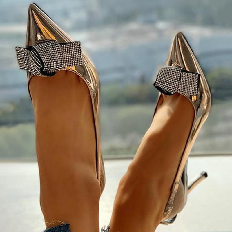 GOOSHOE Rhinestone Bow Pointed Toe Kitten Heel Evening Pumps