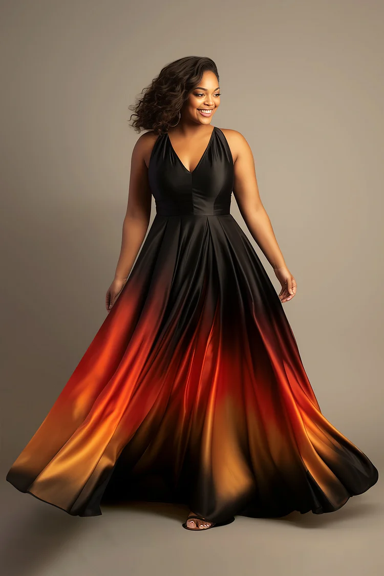 Xpluswear Design Plus Size Semi Formal Black Gradient V Neck Pocket Satin Sundress Maxi Dresses