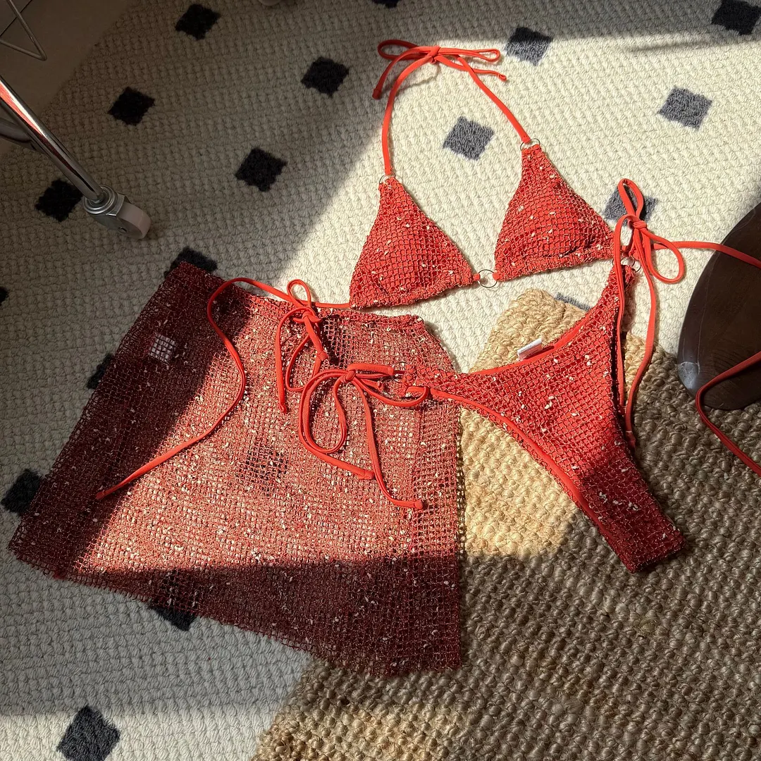 Churchf 2025 New Special Mesh Three-Piece Swimsuit Sexy Strap Swimsuit Bikini
