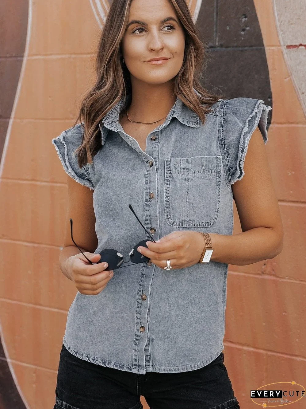 Beau Blue Frayed Ruffle Denim Blouse