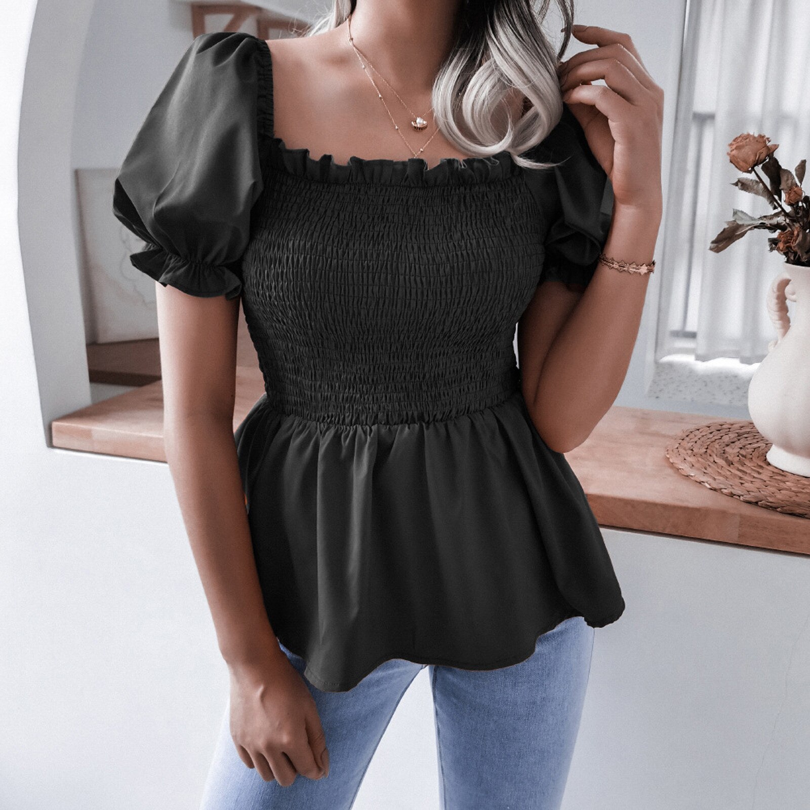 Women Chiffon Ruffles Square Collar Flared Sleeves Blouses