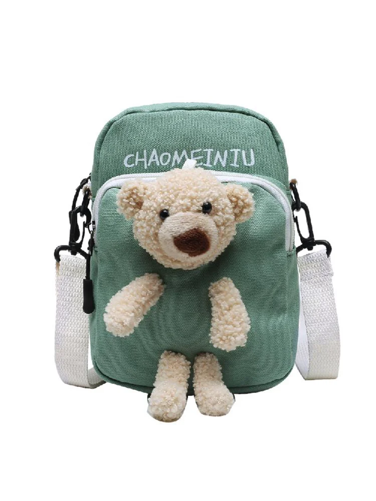 Cute Bear Crossbody Bag Women Canvas Shoulder Doll Decor Handbag (Green)