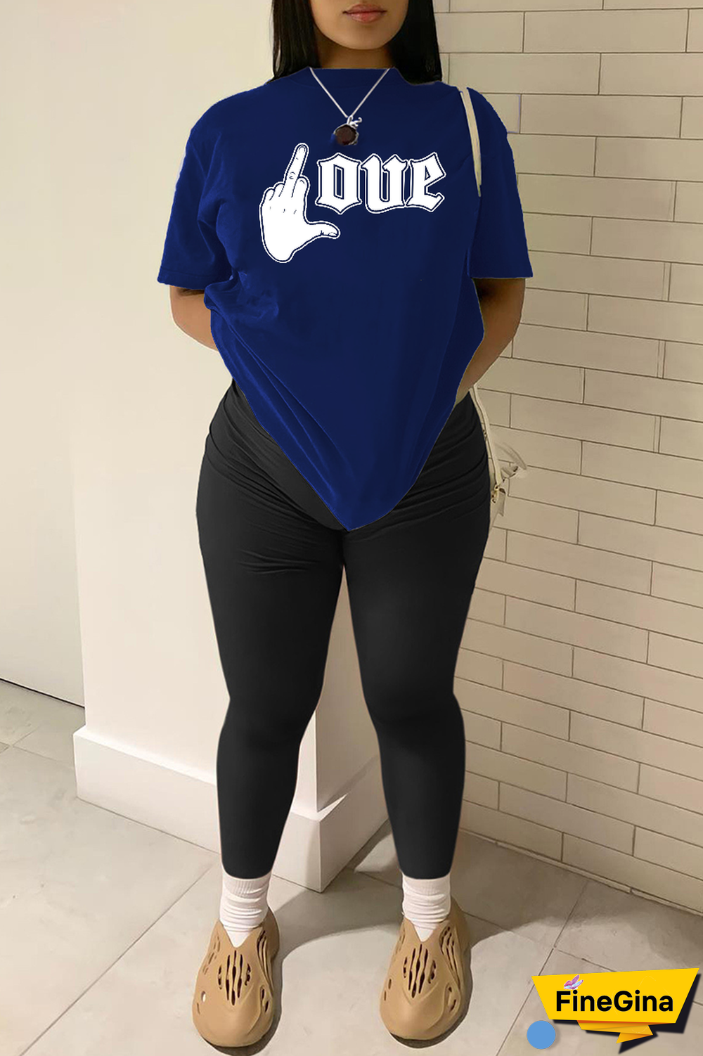 Navy Blue Casual Daily Print Patchwork Letter O Neck T-Shirts