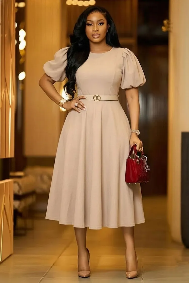 a line midi dresses with sleeves Round Neck Puff Short Sleeve Solid Color A-Line Gowns Midi Dresses-Apricot Apricot-S