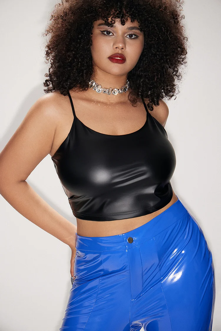 Xpluswear Design Plus Size Party Tank Top Black Sleeveless Pu-Leather Cropped Tank Top [Pre-Order]