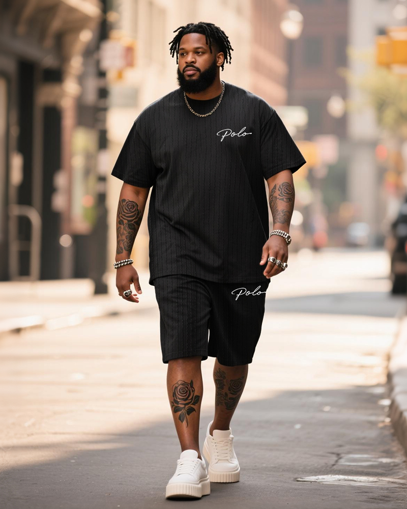 Big & Tall Men's Black Simple Letter Twig Knitted Crewneck Short-sleeved T-shirt Shorts Suit