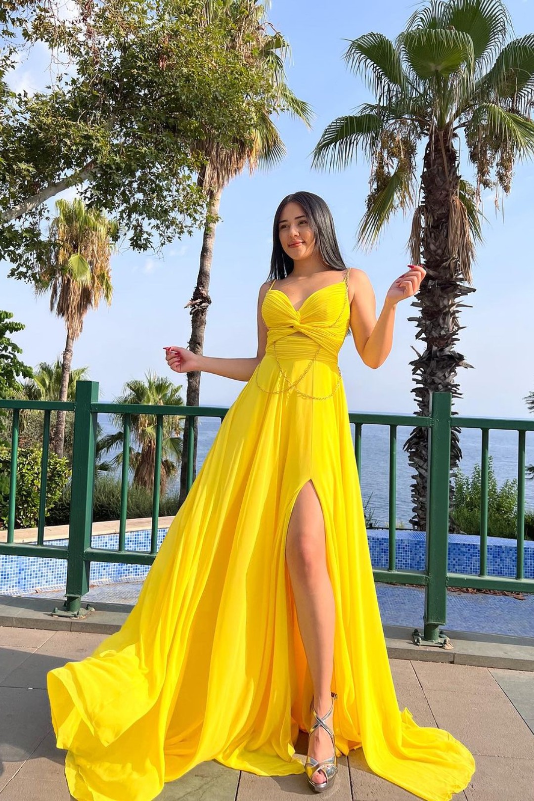 Prom Dress Light Yellow Spaghetti Strap Chiffon With Slit | Risias