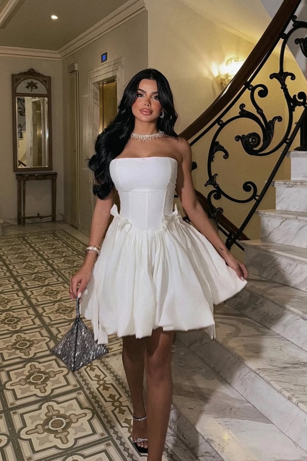 Ivory Bud Bow Strapless Princess Style Short Mini Homecoming Dress | ZT0808