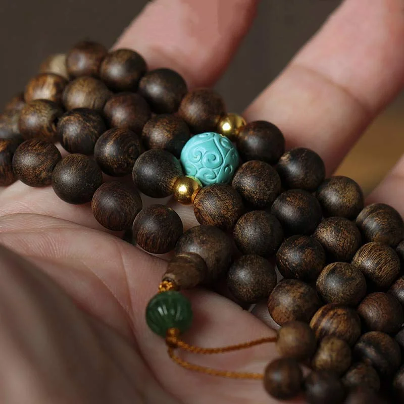 108 Mala Beads Agarwood Turquoise Prayer Meditation Necklace Bracelet Mala