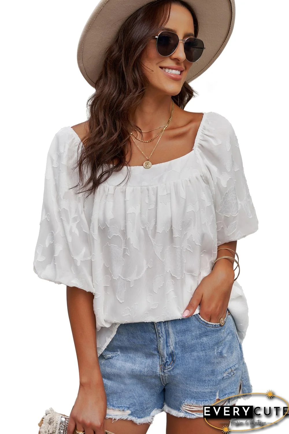 White Lush Printed Balloon Sleeve Ruched Chiffon Top