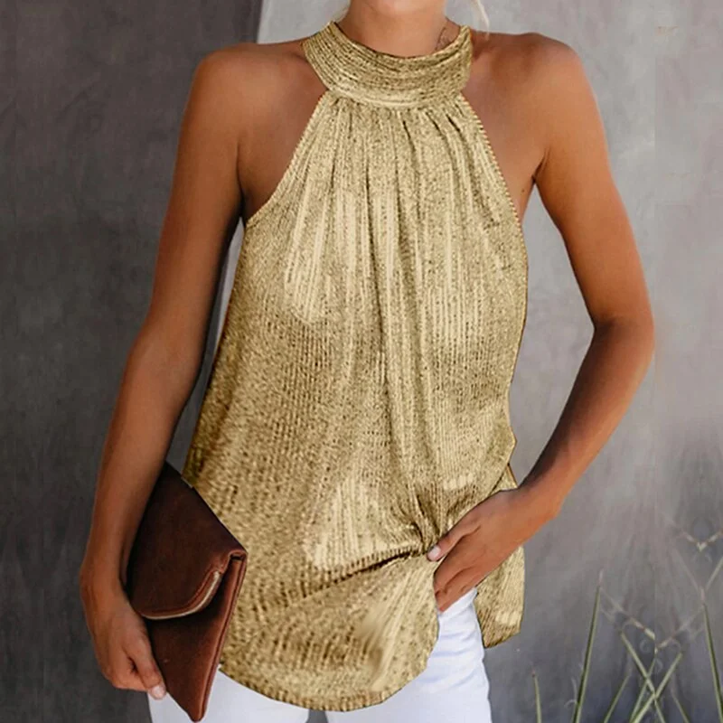Womens Fashion Shiny Halter Neck Tank Tops Ladies Summer Casual Solid Color Sleeveless T shirt Black Gold Silver