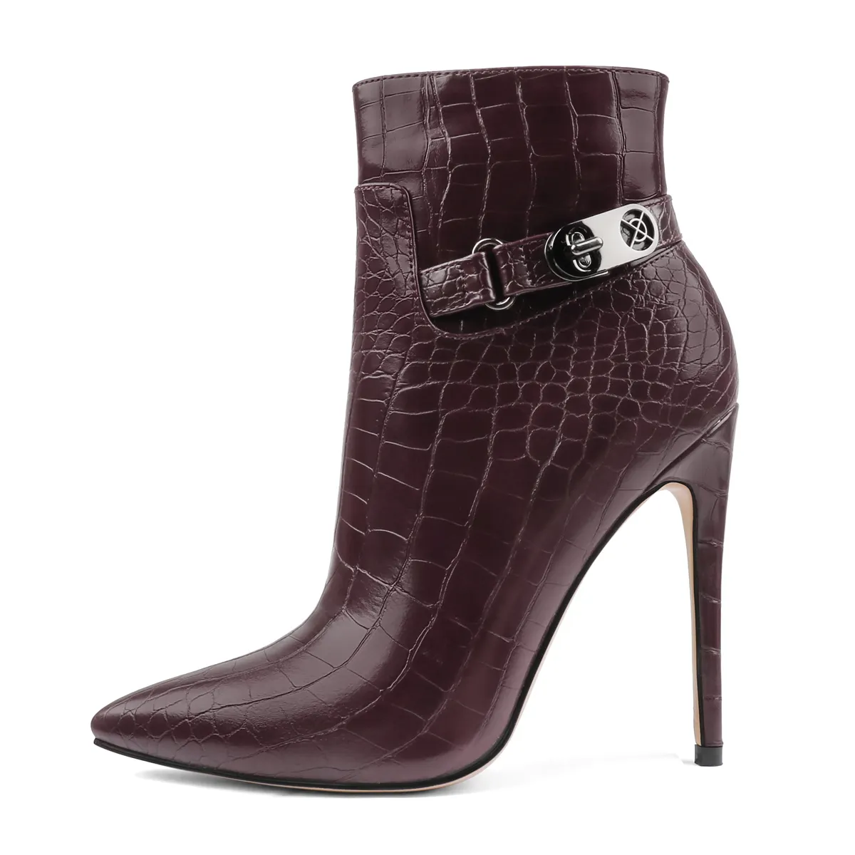 12cm/4.72 inch Pointed Toe Stiletto Crocodile Ankle Booties With Metal Buckle