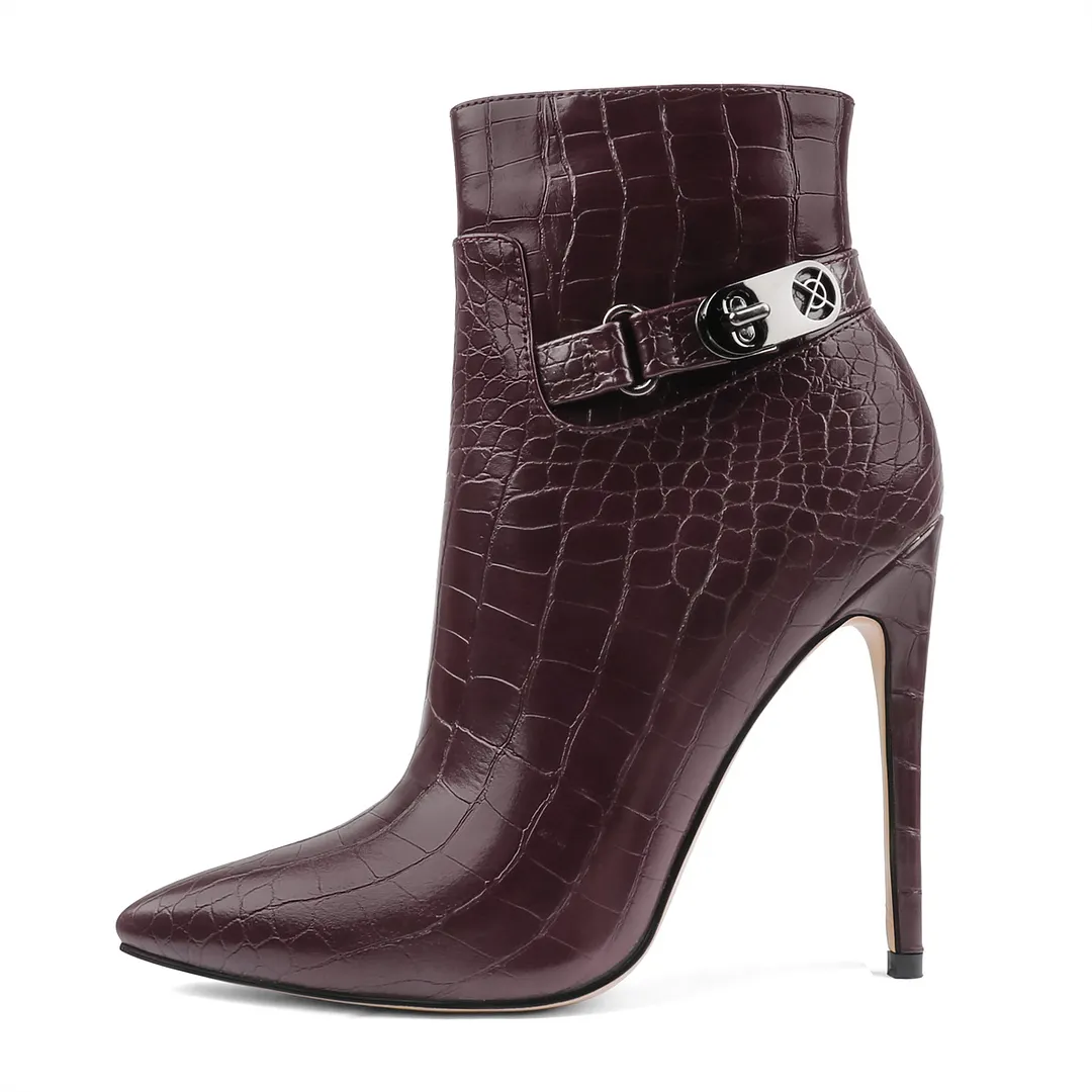 12cm/4.72 inch Pointed Toe Stiletto Crocodile Ankle Booties With Metal Buckle