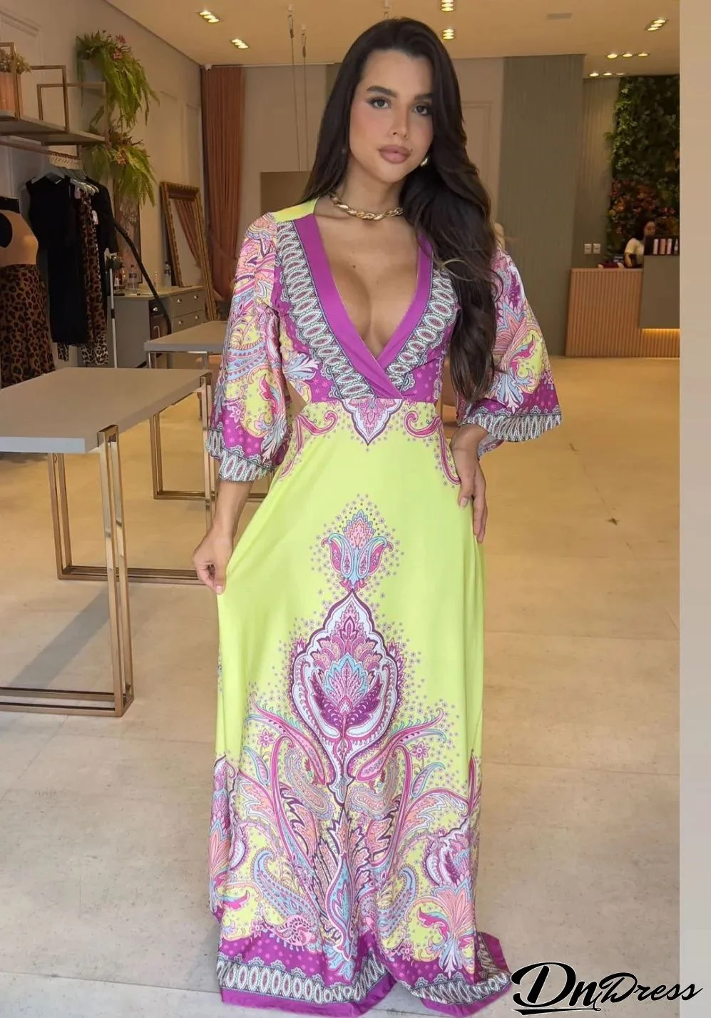 Summer Printed V-Neck Low Back Half-Sleeve Slim Sexy Maxi Dress