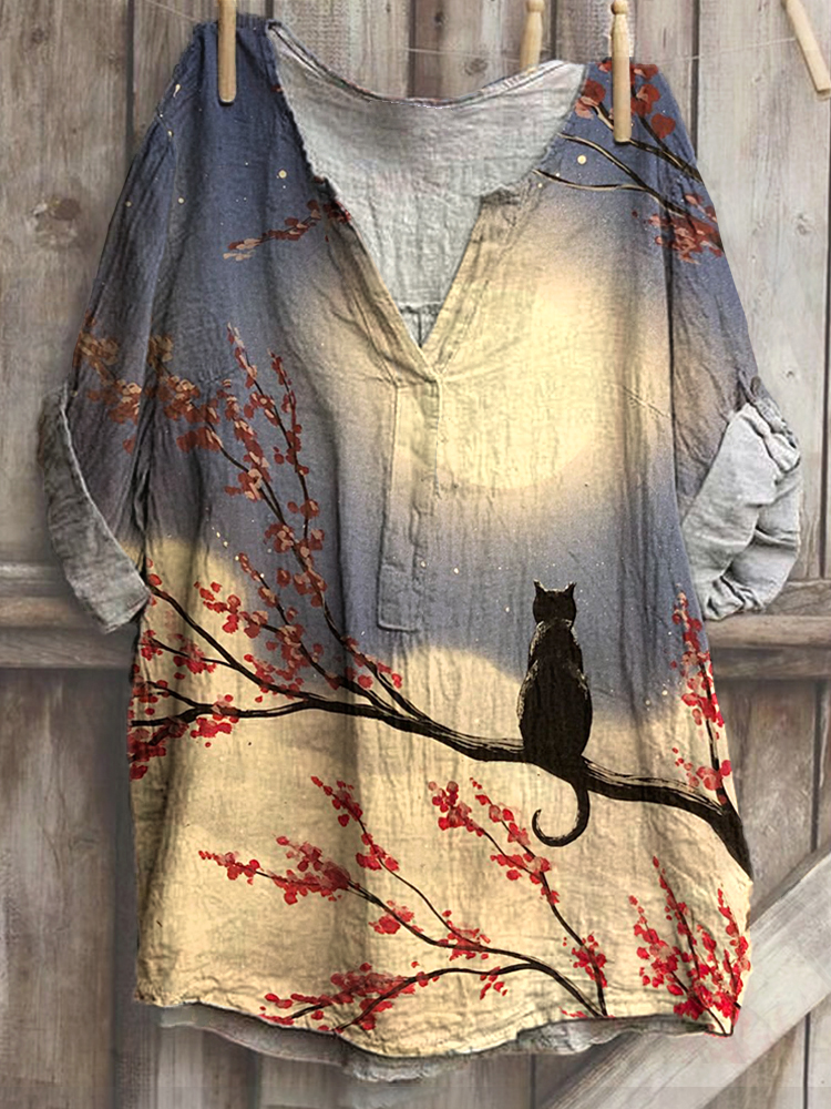 Comstylish Japanese Art Cat And Moon Print Cotton Blend T-Shirt