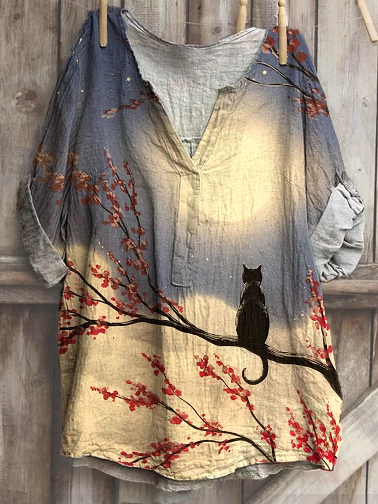 Japanese Art Cat And Moon Print Cotton Blend T-Shirt