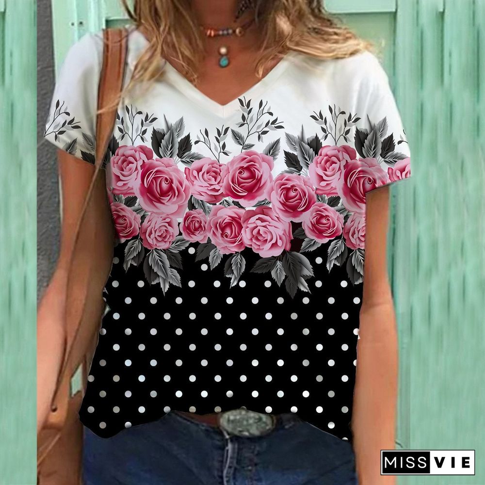 V Neck Flower And Polka Dot Leisure Tee