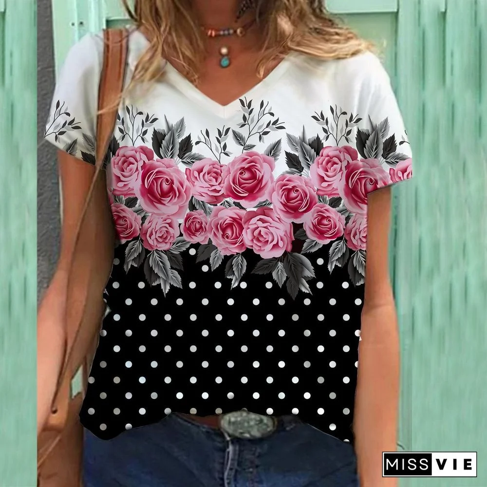 V Neck Flower And Polka Dot Leisure Tee
