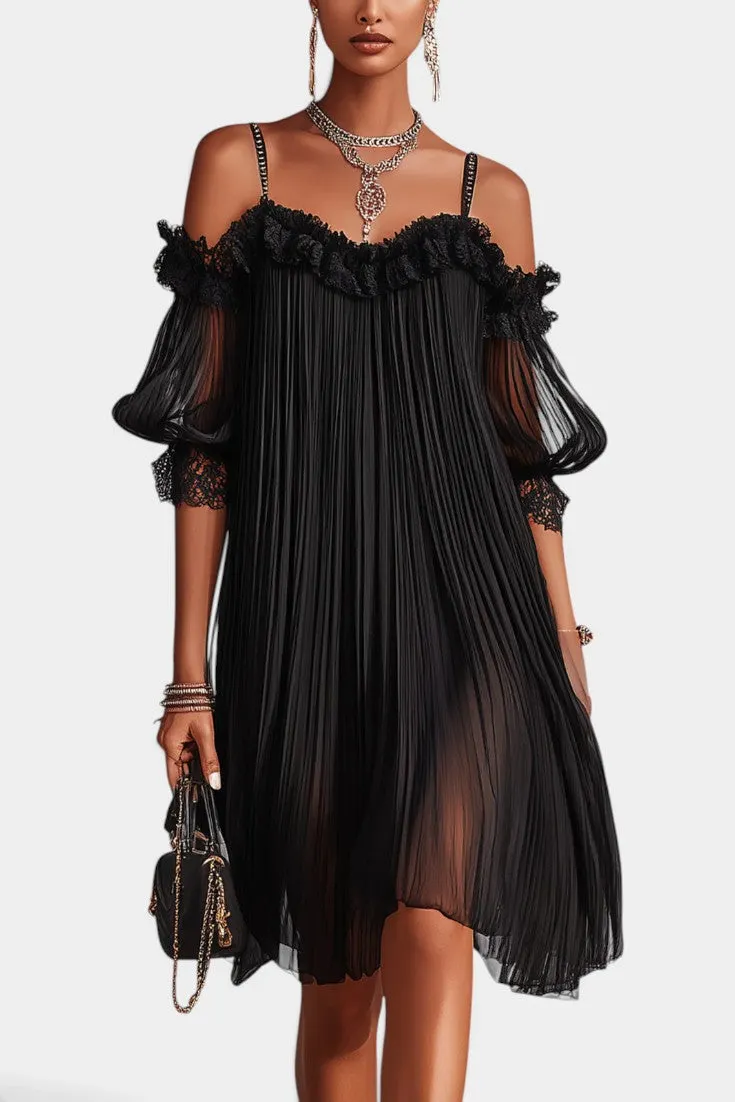 Off-Shoulder Lace Ruffle Pleated Mini Dress