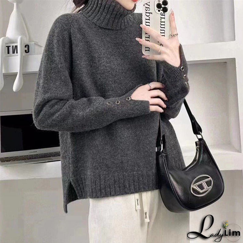 Knitted shirt with double neck pullover and long sleeves with split hem