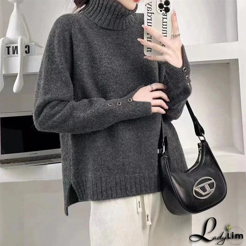 Knitted shirt with double neck pullover and long sleeves with split hem