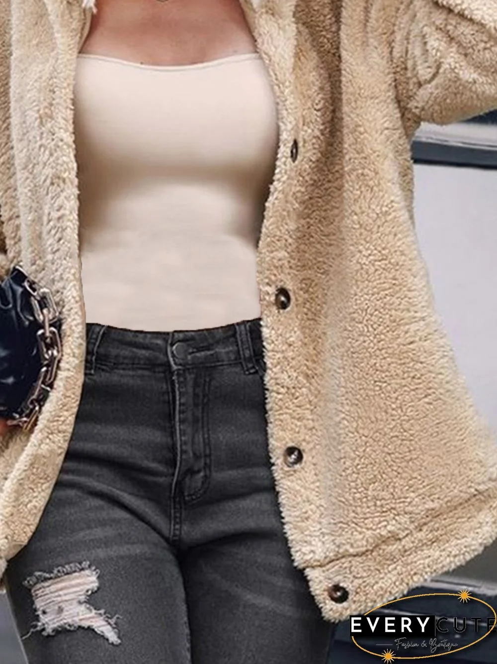 Casual Fluff/Granular Fleece Fabric Shawl Collar Teddy Jacket