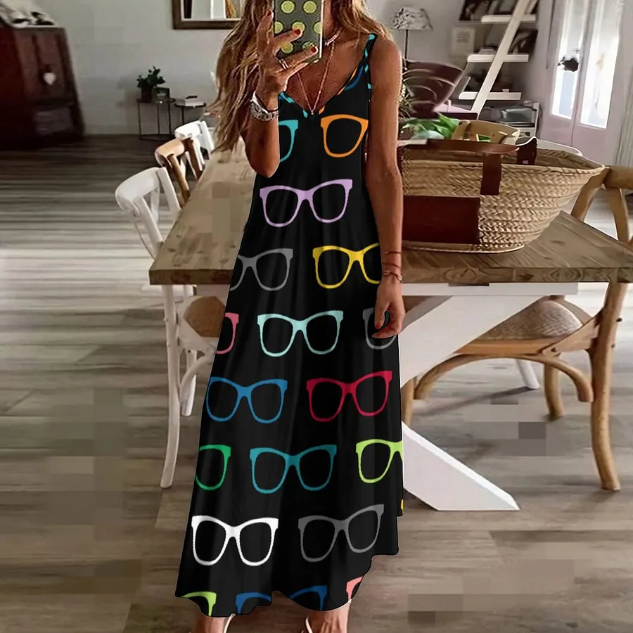 Colorful Hipster Glasses Black Women's Casual Strappy V Neck Sleeveless Flowy Loose Long Maxi Beach Dress Sundress Black-2XL Colorful Hipster Glasses Black Women's Casual Strappy V Neck Sleeveless Flowy Loose Long Maxi Beach Dress Sundress Black-2XL