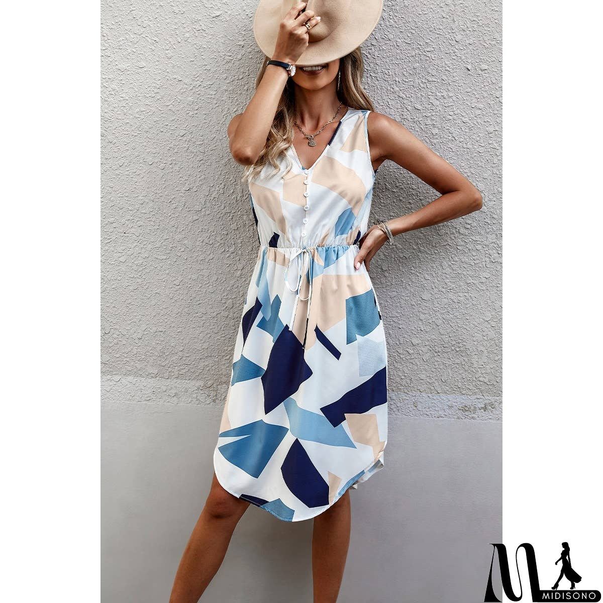 MidiSono - Sleeveless V Neck Floral Print Fit Button Dress