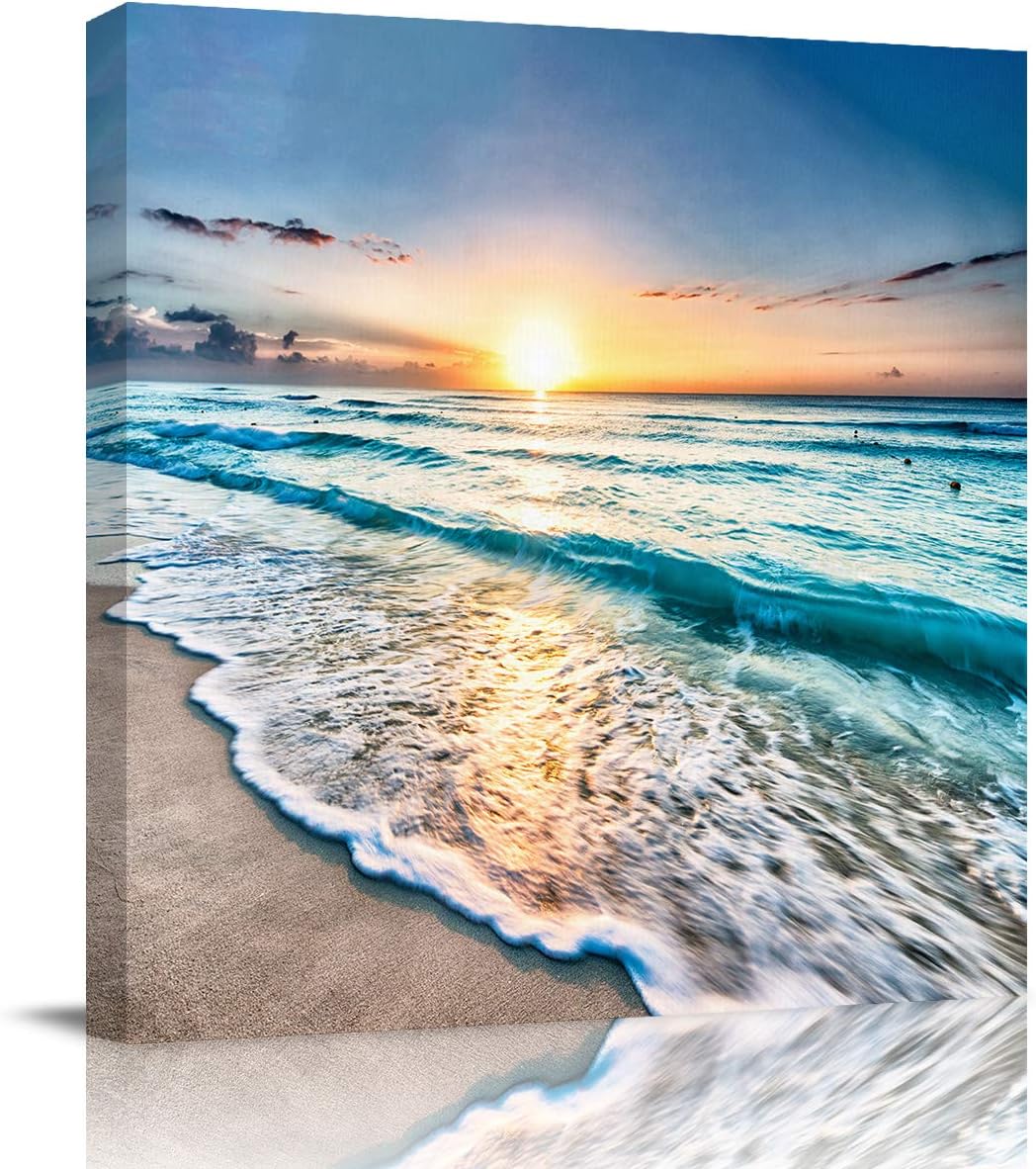 Canvas Wall Art - Sand Beach Wave Sea Hawaiian Sunrise Wall Decor Paintings Pictures for Living Room Modern Artwork Stretched and Framed Ready to Hang 24 inch  x 24 inch