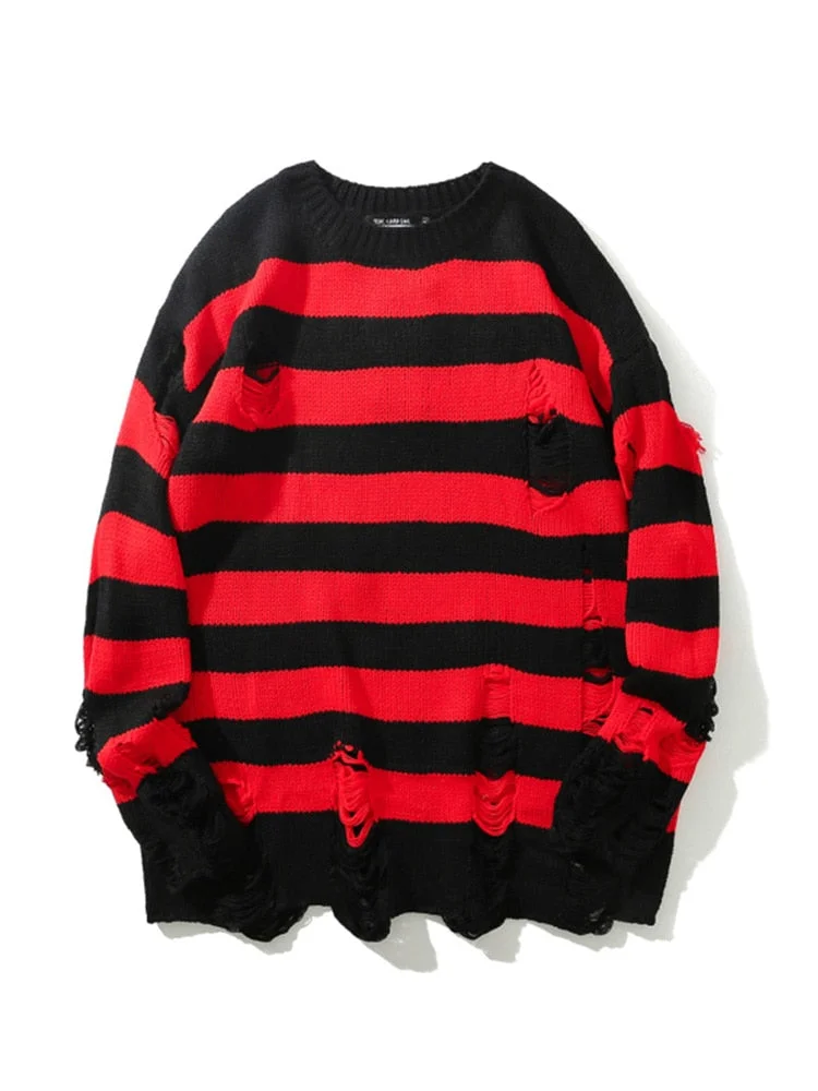 High Street Retro Punk Rock Hombre Red and Black Stripes Sweater Men Loose Hole Tassel Wool Sweater Pull Homme